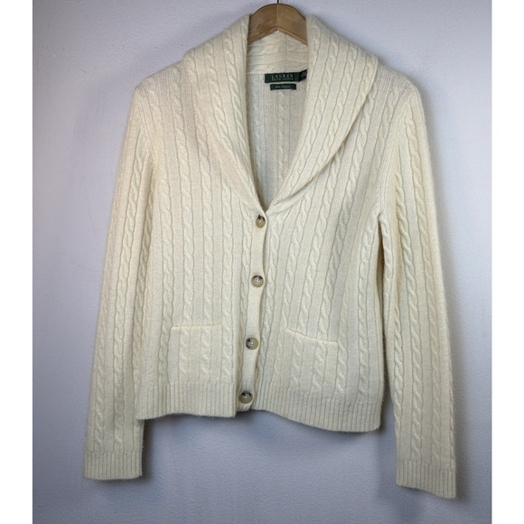 VTG Ralph Lauren Sweater Cardigan 100% cashmere Womens Large Cable Knit cream - Picture 2 of 14